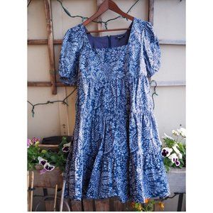 Madewell Blue Paisley Cotton Square Neck Puff Sleeve Mini Dress.